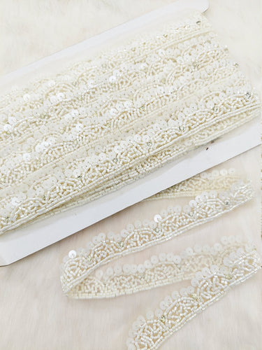 White Net Bridal Trim In White Beaded Embroidery, Hand Embroidered Bead Lace, Embroidered Lace
